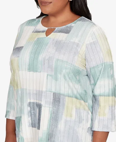 Alfred Dunner Plus Size Stockbridge Soft Colorblock Rib Texture Knit Top In Blue