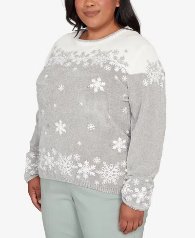Alfred Dunner Plus Stockbridge Womens Crew Neck Long Sleeve Pullover Sweater In Gray