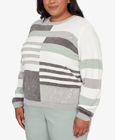 Alfred Dunner Plus Size Stockbridge Stripe Sequin Colorblock Chenille Sweater In Multi