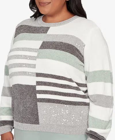 Alfred Dunner Plus Size Stockbridge Stripe Sequin Colorblock Chenille Sweater In Multi
