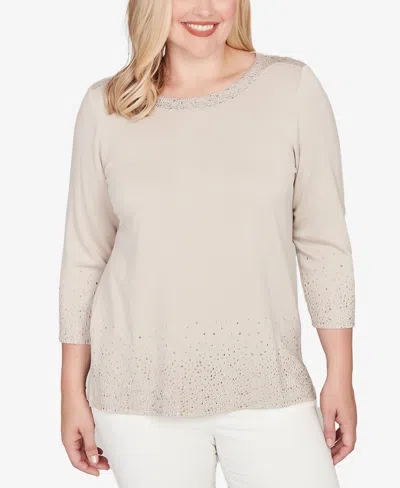 Alfred Dunner Vienna Heat Set Sparkle Ombre Border Knit Top In Brown