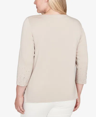 Alfred Dunner Vienna Heat Set Sparkle Ombre Border Knit Top In Brown