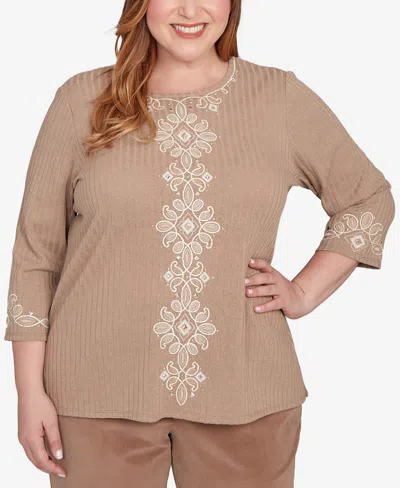 Alfred Dunner Vienna Embroidered Medallion Center Knit Top In Brown