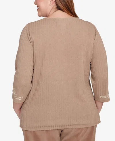 Alfred Dunner Vienna Embroidered Medallion Center Knit Top In Brown
