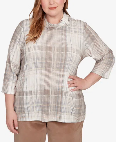 Alfred Dunner Petite Vienna Draped Cowl Neckline Plaid Knit Top In Multi