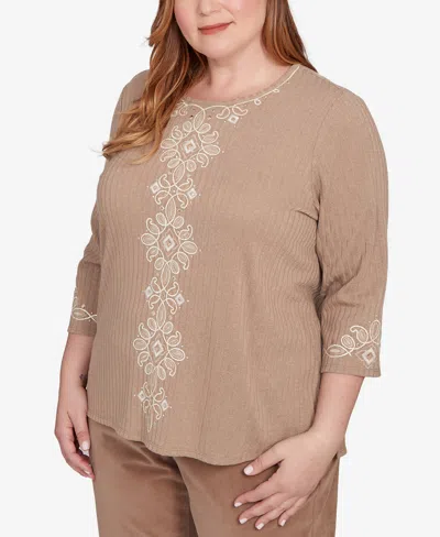 Alfred Dunner Vienna Embroidered Medallion Center Knit Top In Brown