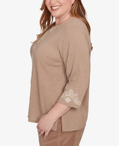 Alfred Dunner Vienna Embroidered Medallion Center Knit Top In Brown