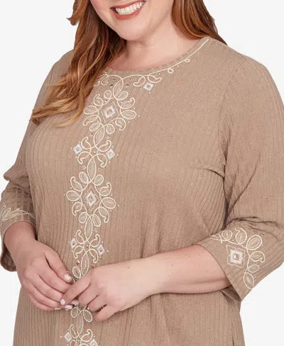 Alfred Dunner Vienna Embroidered Medallion Center Knit Top In Brown