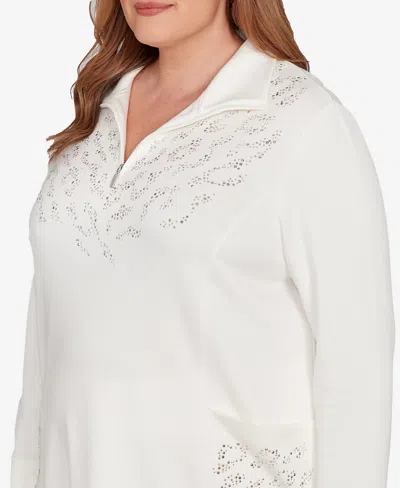 Alfred Dunner Vienna Womens Plus Mock Neck Long Sleeve Quarter-zip Pullover In White
