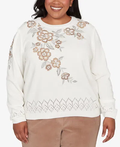 Alfred Dunner Plus Vienna Womens Crew Neck Long Sleeve Floral Pullover Sweater In White