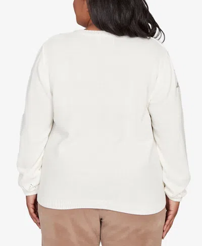 Alfred Dunner Plus Vienna Womens Crew Neck Long Sleeve Floral Pullover Sweater In White