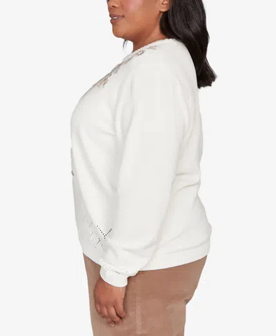 Alfred Dunner Plus Vienna Womens Crew Neck Long Sleeve Floral Pullover Sweater In White