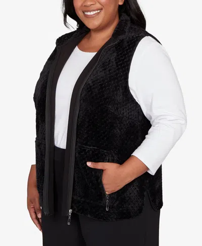 Alfred Dunner Barcelona Plush Fleece Lined Vest Jacket In Black