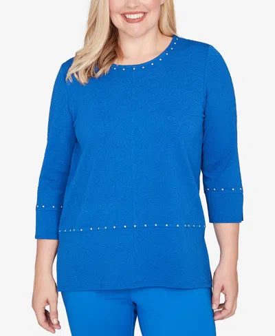 Alfred Dunner Barcelona Solid Floral Jacquard Knit Top In Blue