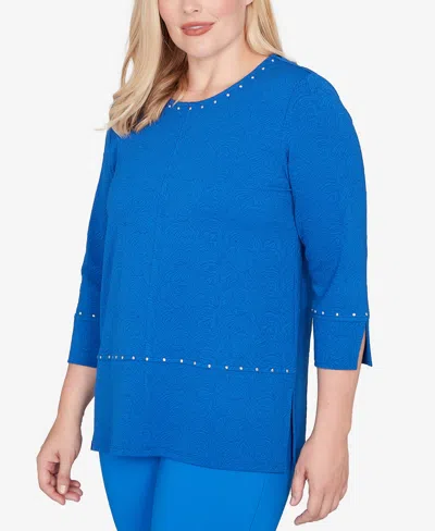 Alfred Dunner Barcelona Solid Floral Jacquard Knit Top In Blue