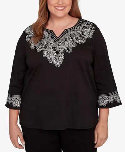 Alfred Dunner Barcelona Embroidered Scroll Accent Soft Knit Top In Black