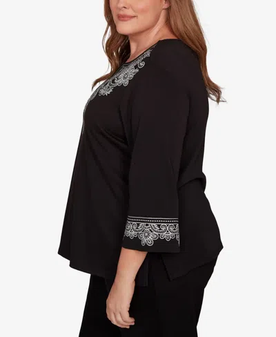 Alfred Dunner Barcelona Embroidered Scroll Accent Soft Knit Top In Black
