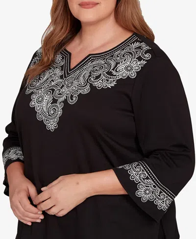 Alfred Dunner Barcelona Embroidered Scroll Accent Soft Knit Top In Black