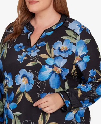 Alfred Dunner Barcelona Womens Plus Split Crew Neck Long Sleeve T-shirt In Black