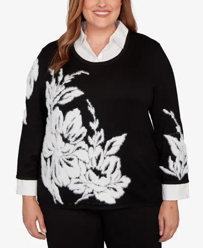Alfred Dunner Petite Barcelona Dramatic Floral Two In One Sweater In Black