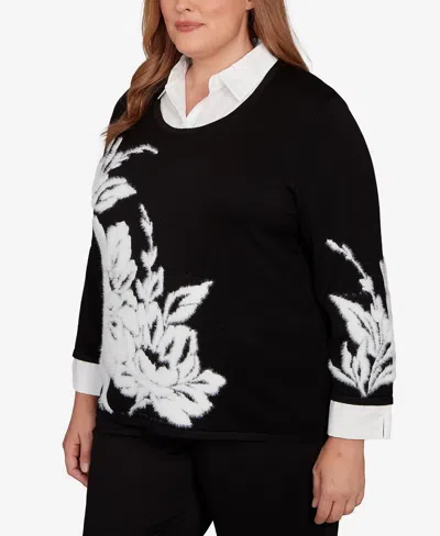 Alfred Dunner Petite Barcelona Dramatic Floral Two In One Sweater In Black