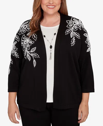 Alfred Dunner Plus Size Barcelona Floral Soutache Two In One Sweater With Necklace In Black