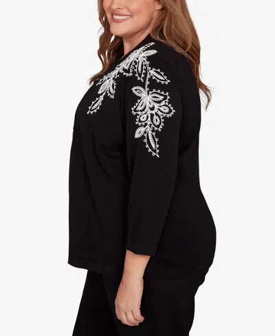 Alfred Dunner Plus Size Barcelona Floral Soutache Two In One Sweater With Necklace In Black