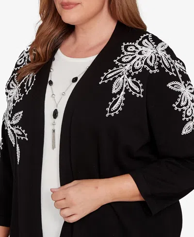 Alfred Dunner Plus Size Barcelona Floral Soutache Two In One Sweater With Necklace In Black