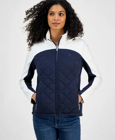 Tommy Hilfiger Women's Colorblocked Quilted Scuba-trim Jacket In Blue