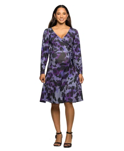 24seven Comfort Apparel Long Sleeve Wrap Dress With Belt Print In Purple