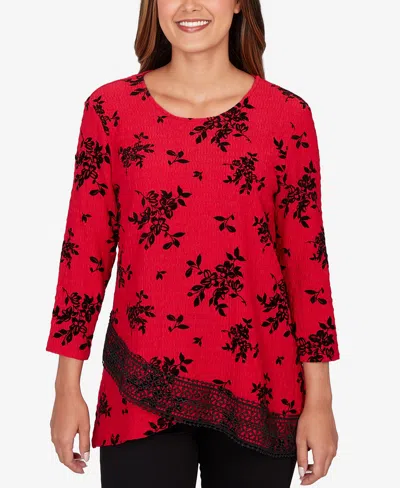 Ruby Rd. Petite Floral Flocked Texture Lace Trim Top In Multi