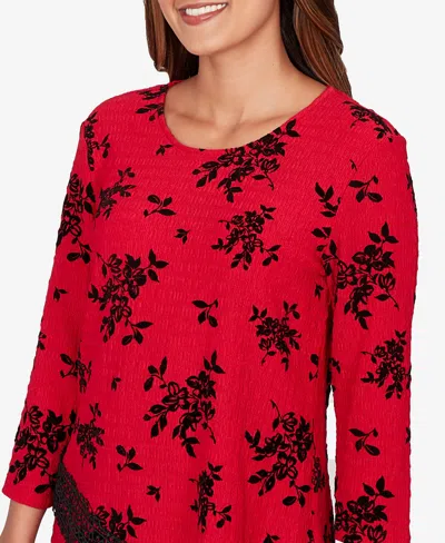 Ruby Rd. Petite Floral Flocked Texture Lace Trim Top In Multi