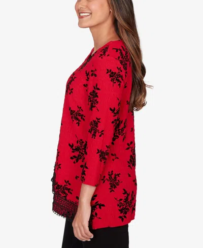 Ruby Rd. Petite Floral Flocked Texture Lace Trim Top In Multi