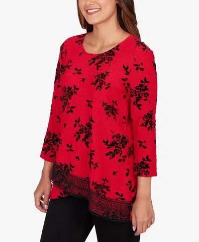 Ruby Rd. Petite Floral Flocked Texture Lace Trim Top In Multi