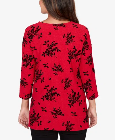 Ruby Rd. Petite Floral Flocked Texture Lace Trim Top In Multi