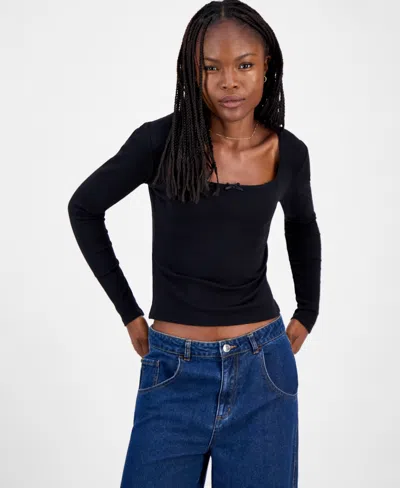 Madden Girl Juniors' Square-neck Ribbed Long-sleeve Picot Bow Top In Black