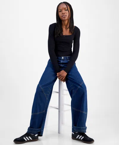 Madden Girl Juniors' Square-neck Ribbed Long-sleeve Picot Bow Top In Black