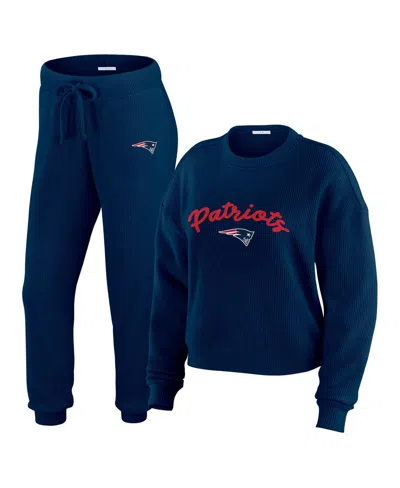Wear By Erin Andrews Women's 2-piece Cream New England Patriots Plus Size Knitted Tri-blend Long Sleeve T-shirt And Pants In Blue