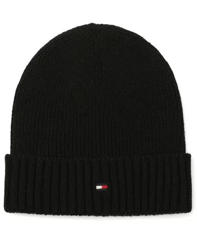 Tommy Hilfiger Ribbed Logo-plaque Beanie In Black
