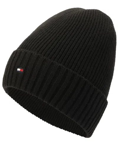 Tommy Hilfiger Ribbed Logo-plaque Beanie In Black