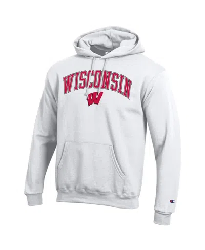Champion Men's White Wisconsin Badgers Arched Logo Fleece Pullover Hoodie In White