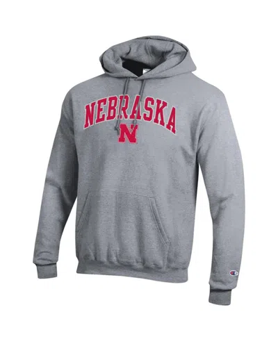 Champion Men's Heather Gray Nebraska Huskers Arched Logo Fleece Pullover Hoodie In Gray