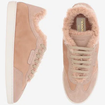 Ferragamo Low Cut Sneaker With Shearling Detail In Pink