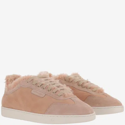Ferragamo Low Cut Sneaker With Shearling Detail In Pink