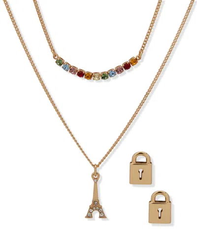 Karl Lagerfeld 2-pc. Multi Stone Gold-tone Eiffel Necklace And Earrings Set In Gold