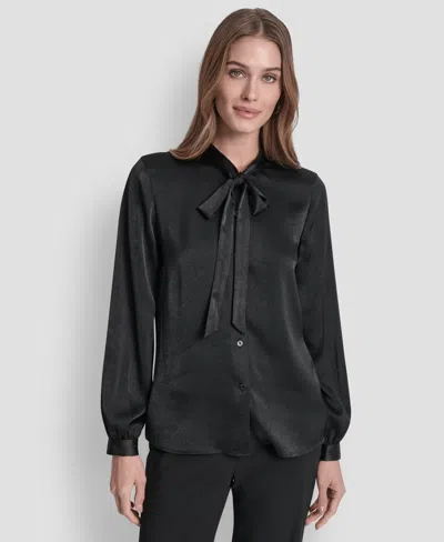 Dkny Women's Crushed Satin Long Sleeve Blouse In Black