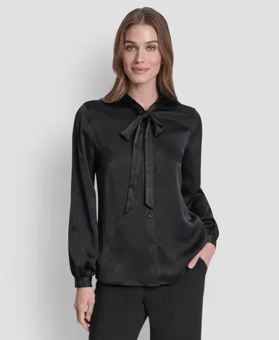 Dkny Women's Crushed Satin Long Sleeve Blouse In Black