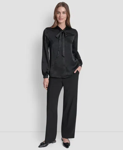 Dkny Women's Crushed Satin Long Sleeve Blouse In Black
