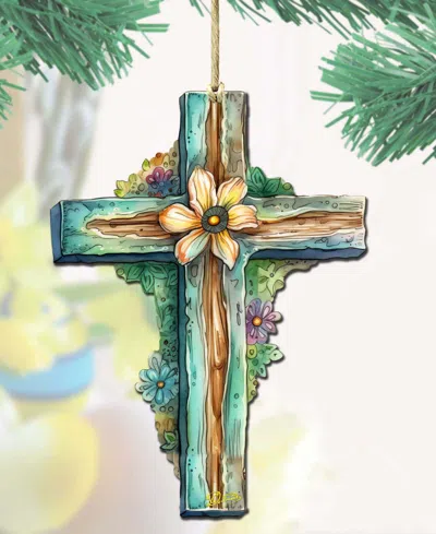Designocracy Holiday Teal Cross Wooden Ornament In Multi