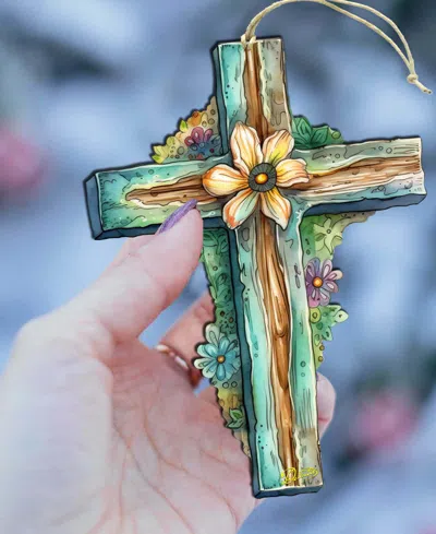 Designocracy Holiday Teal Cross Wooden Ornament In Multi